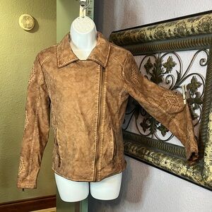 Montana Co Women's Embroidery Tan Faux Leather Jacket Sz S